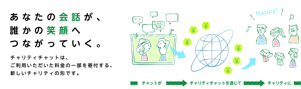 あなたの笑顔は、誰かの笑顔へつながっていく。 チャリティチャットは、ご利用いただいた料金の一部を寄付する、新しいチャリティの形です。